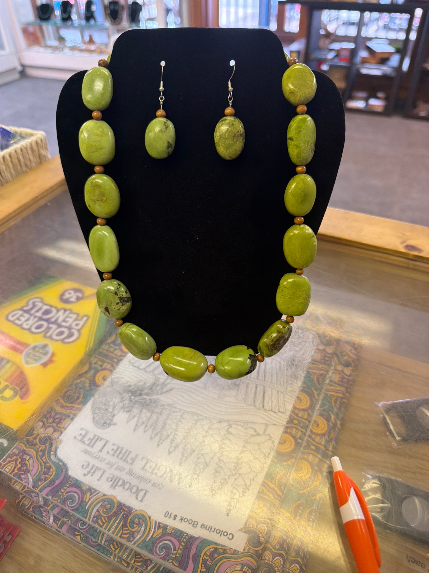 Lime green turquoise necklace and earring set