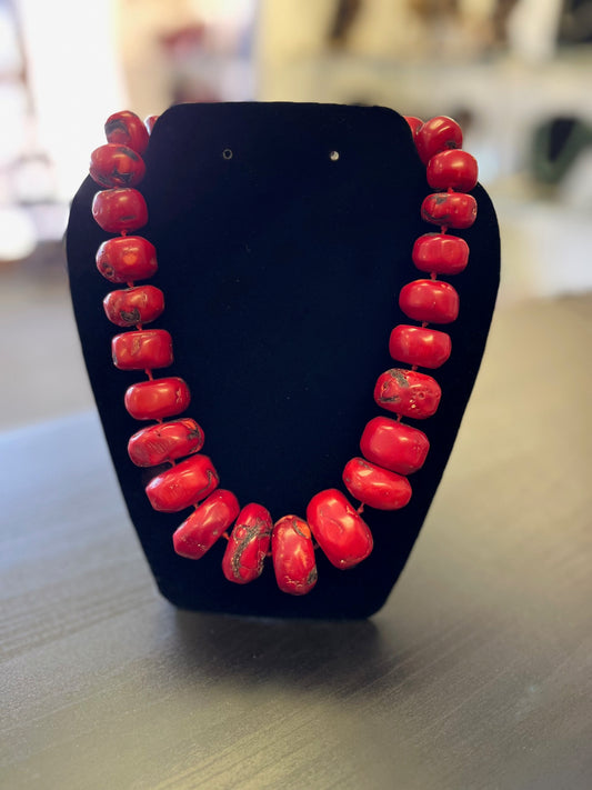 Vintage Bamboo Coral Large Graduated Rondelle Knotted Necklace